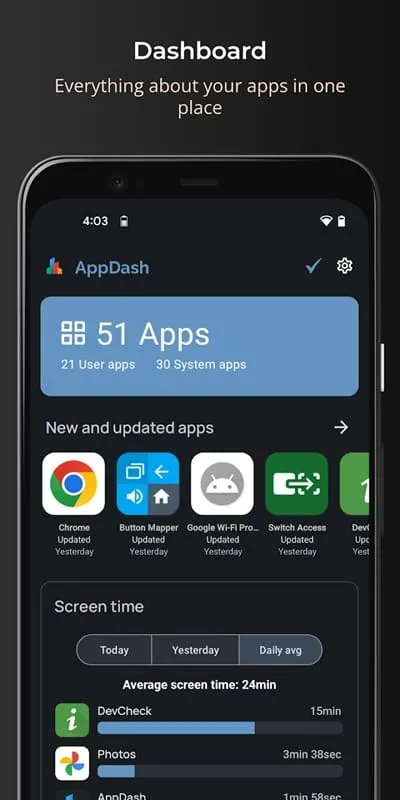 AppDash mod interface showing premium features