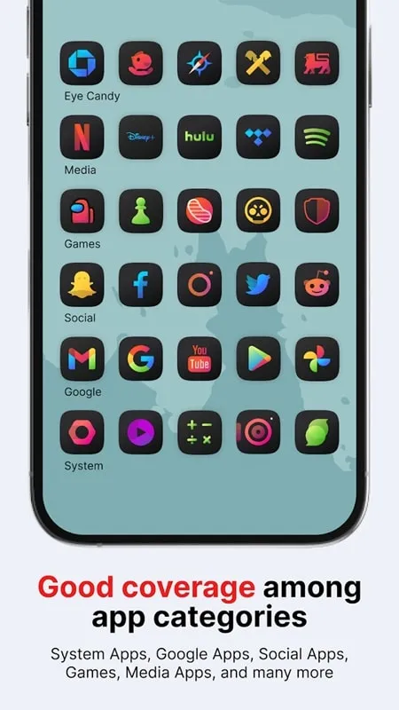 Athena Dark Icon Pack applied to home screen