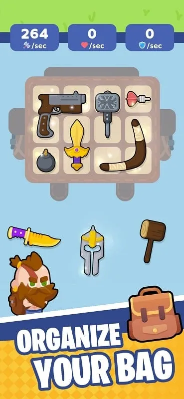 Tela de jogo do Bag Fight MOD APK mostrando o personagem principal com armas.