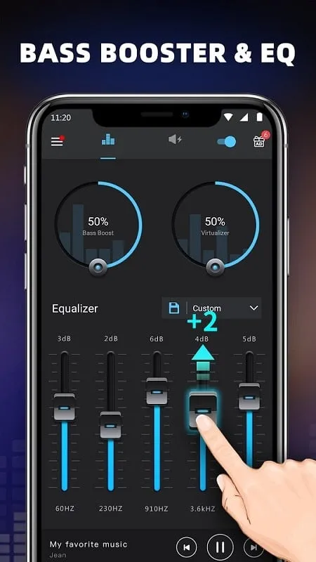 Bass Booster Equalizer PRO mod apk showing the virtualizer settings