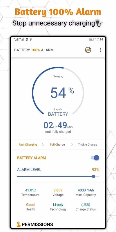 Battery 100 Alarm mod interface showing premium features