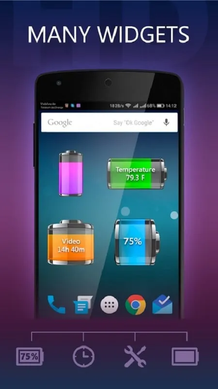 Battery HD Pro MOD APK home screen widget displaying real-time battery information