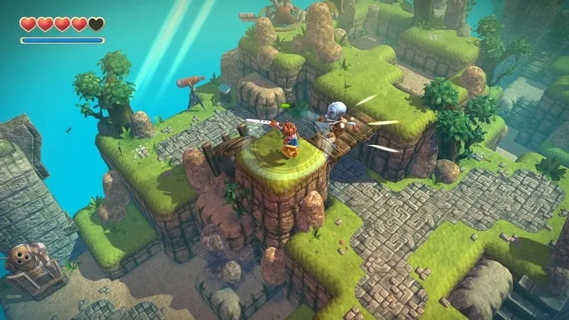 Battling a monster in Oceanhorn's dynamic combat system.