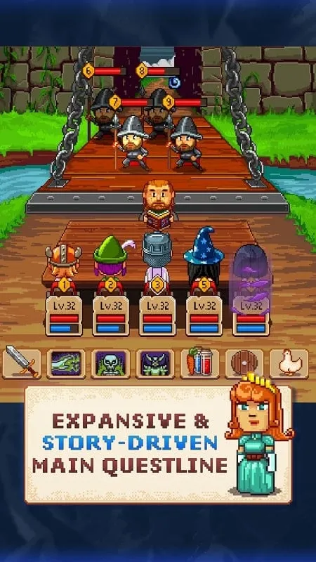 Battling monsters in a dungeon in Knights of Pen and Paper 2.