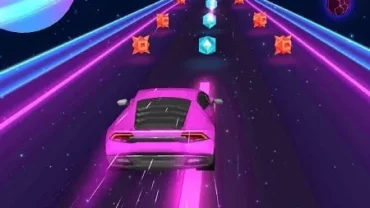 Beat Racing gameplay screenshot showing the car on a colorful track collecting energy pellets.