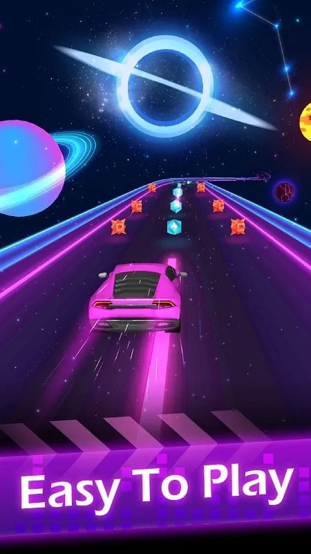 Beat Racing gameplay screenshot showing the car on a colorful track collecting energy pellets.