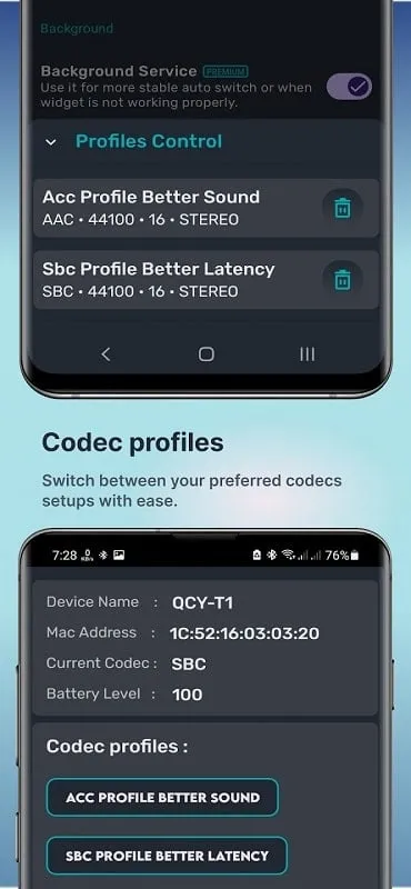 Bluetooth Codec Changer mod displaying available Codecs