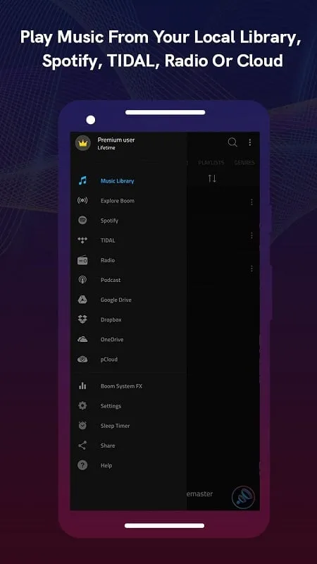 Boom Music Player mod interface showing premium features