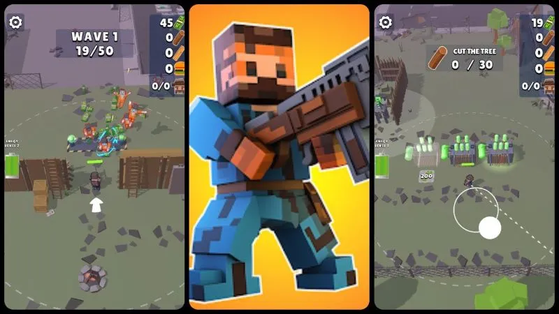 Build and Survive gameplay screen showing a fortified base under attack by zombies.