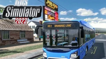 Bus driving through a city in Bus Simulator 2023.