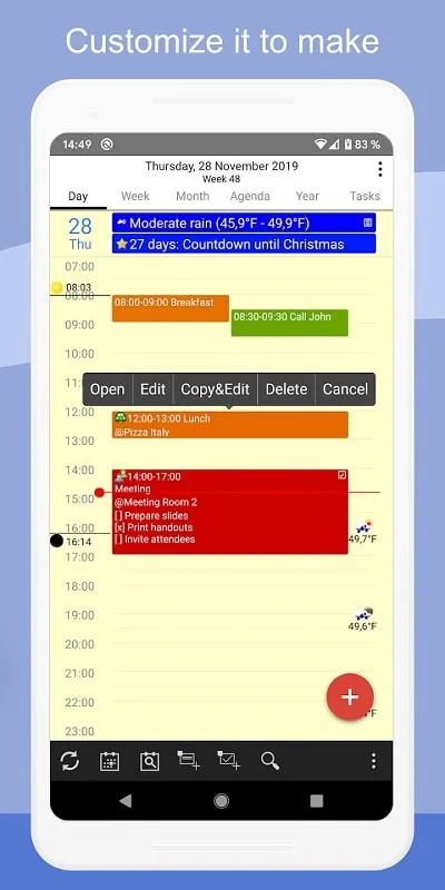 CalenGoo interface showcasing customization options and settings