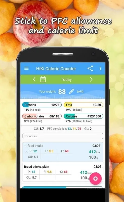 Interface do Calorie Counter HiKi mod mostrando recursos premium