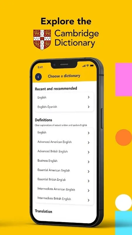 Cambridge Dictionary Plus mod interface showcasing personalized learning plans and grammar section