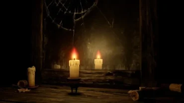 Candleman in a dark environment, using its flame to light the way.