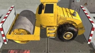 Car Crusher gameplay screenshot showing a car being crushed by a hydraulic press.