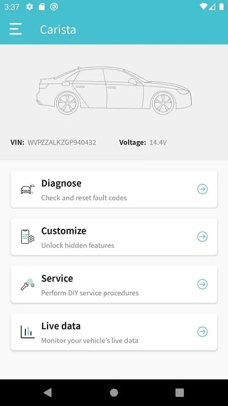 Carista OBD2 mod app connected to OBD2 port