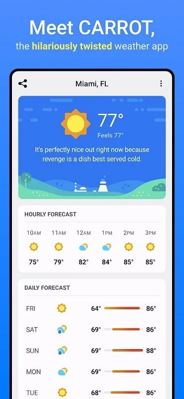 CARROT Weather mod interface showing premium features