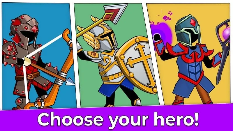 Character selection screen in The Archers 2 showcasing different stickman warriors with unique appearances and weapons.