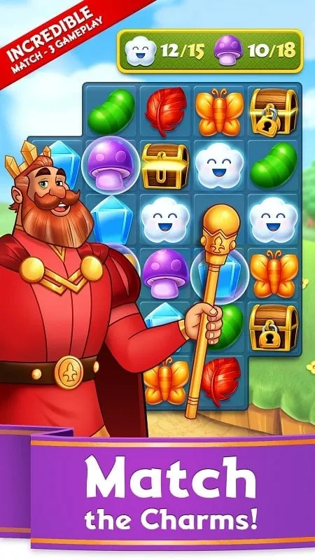 Charm King gameplay screen showing characters and puzzle board.