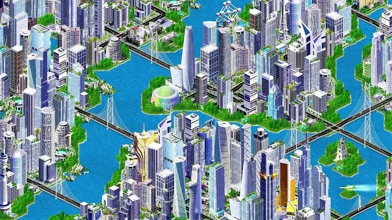 City view in Designer City showcasing various buildings and infrastructure.