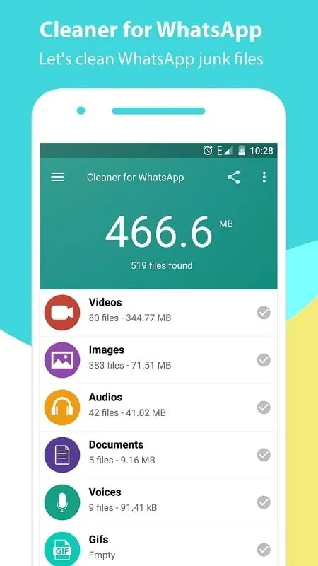 Cleaner for WhatsApp mod interface showing premium features