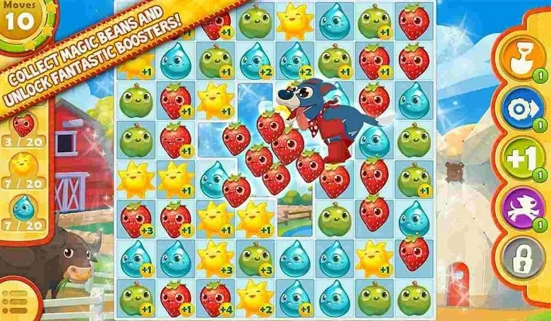 Close-up of a phone screen showing the Farm Heroes Saga game with the unlimited moves mod activated.