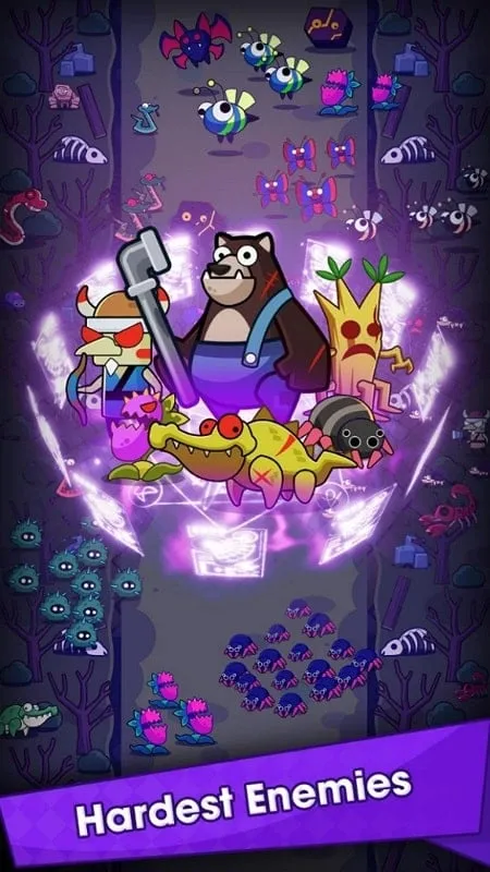 Close-up of the in-game battle interface, highlighting the enemy monsters and hero abilities.