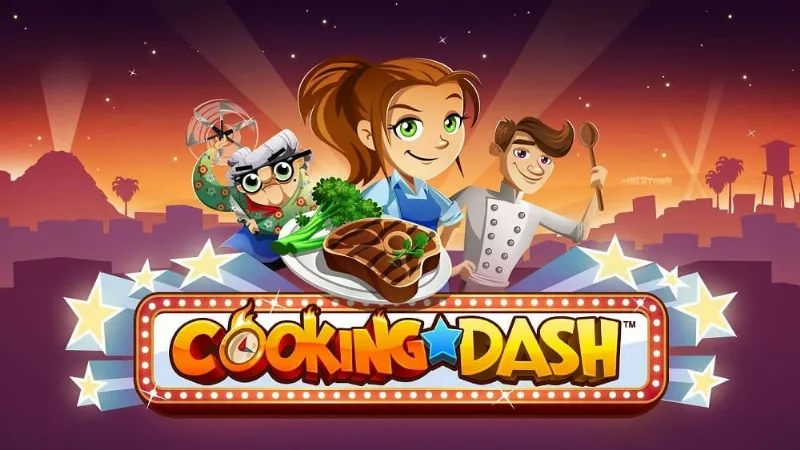 Cooking Dash gameplay screen showing the kitchen and customers.