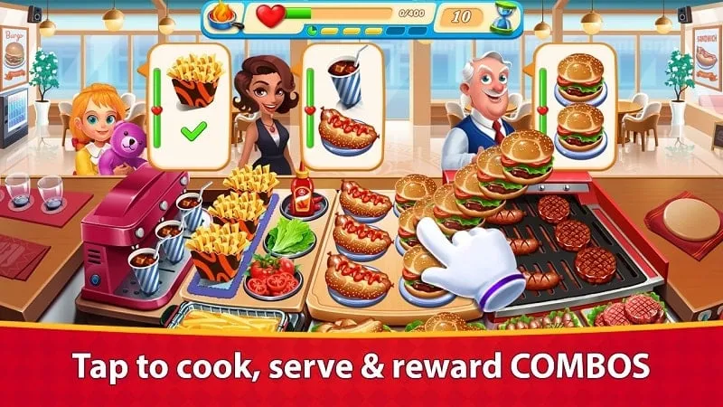 Cooking Marina gameplay showing different dishes being prepared.