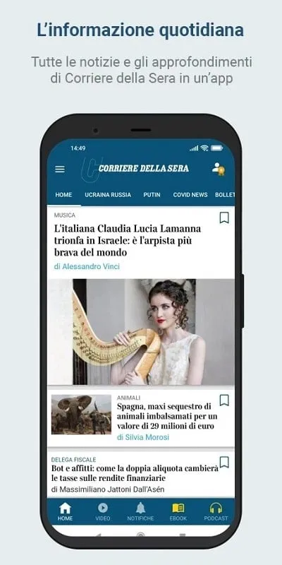 Corriere della Sera mod interface showing premium features