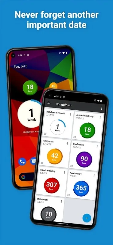 Giao diện Countdown Widget mod hiển thị các tính năng premium