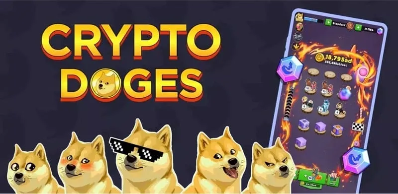 Captura de pantalla del juego Crypto DOGE que muestra la fusión de perros.