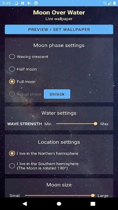 Customization settings for moon over water