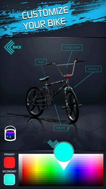 Customizing a BMX bike in the game's garage interface.