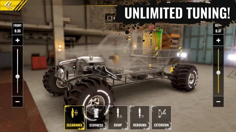 Customizing a car in Offroad Outlaws Drag Racing with unlimited resources.