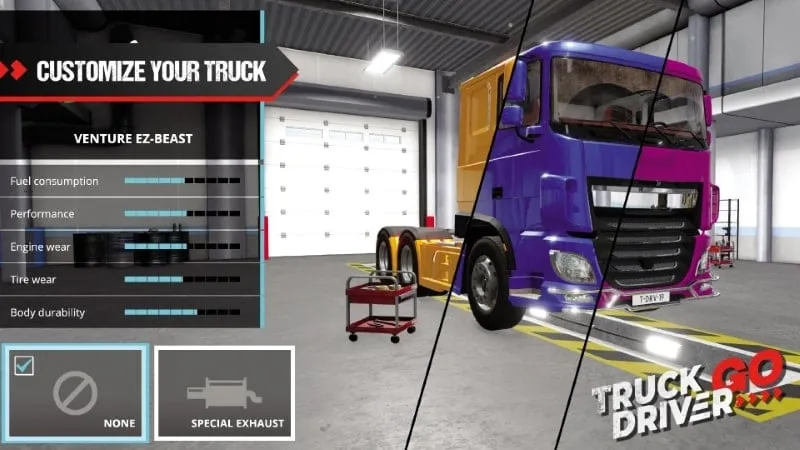 Customizing a truck with various upgrades and modifications in the game.