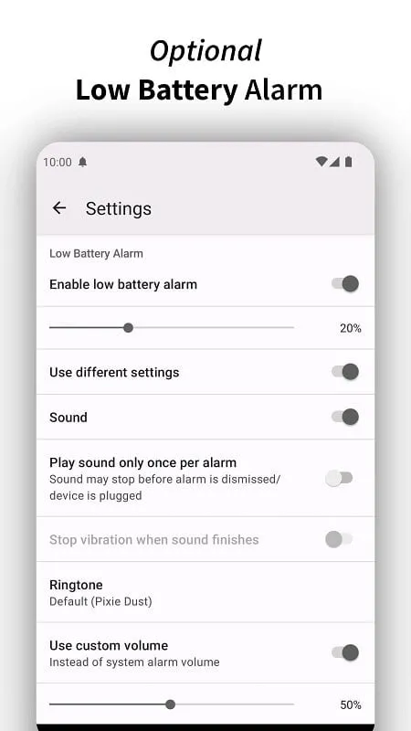 Customizing alert settings in Full Battery Charge Alarm mod