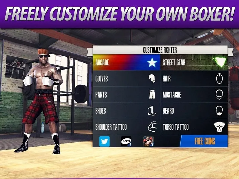 Customizing your boxer with new equipment using unlimited money.