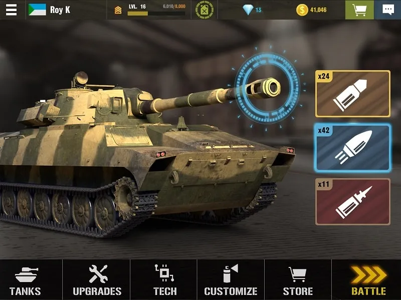 Detailed view of a tank's upgrade options, showcasing customizable components like machine guns, shotguns, and ammunition.