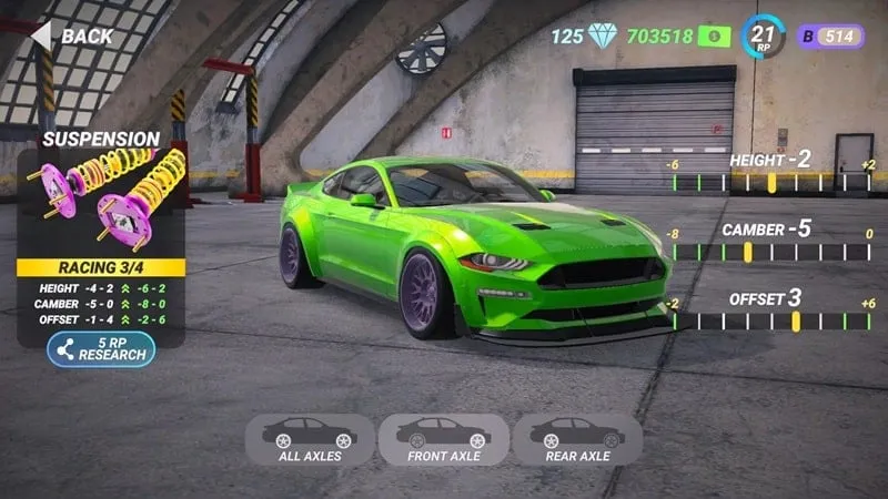 Detailed view of car customization options, highlighting the upgrades available with unlimited money.