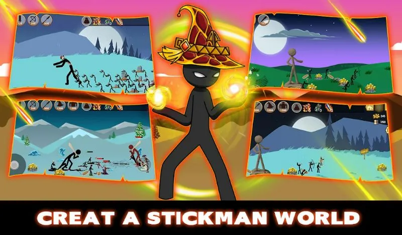 Detailed view of the in-game battle interface showcasing various stickman units and their actions.