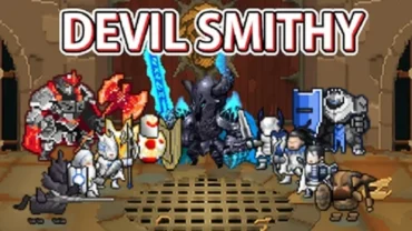 Devil Smithy's main character wielding a powerful sword, surrounded by enemies.