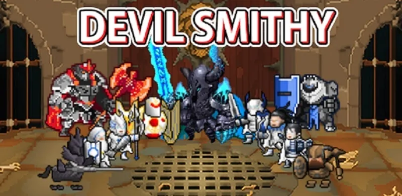 Devil Smithy's main character wielding a powerful sword, surrounded by enemies.