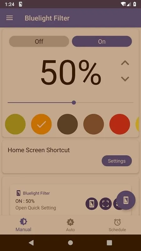 Different color filters in Bluelight Filter for Eye Care MOD APK.