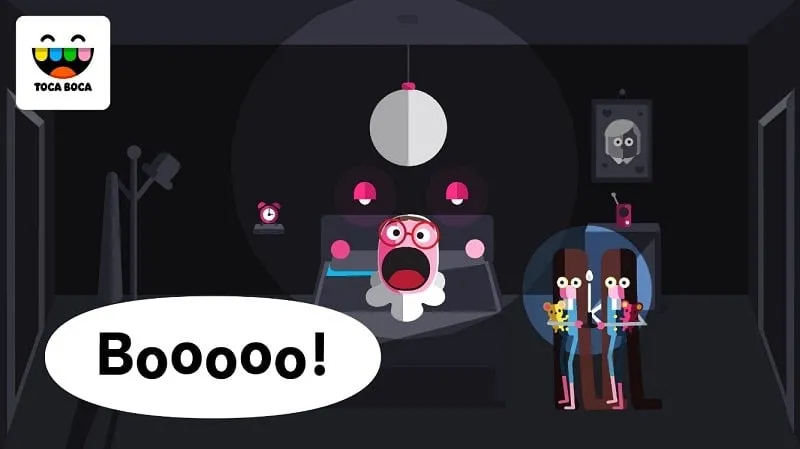 Different rooms and characters in Toca Boo gameplay.