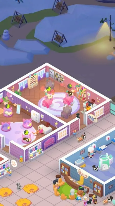 Different rooms and facilities in the Idle Pet Shelter game.