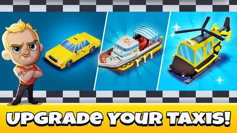 Diferentes tipos de táxis e motoristas no Idle Taxi Tycoon.