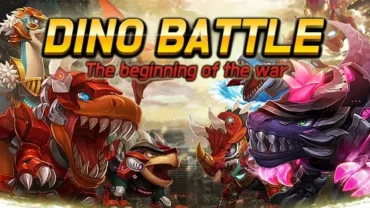 Dino Battle gameplay screenshot showing various dinosaurs in battle.