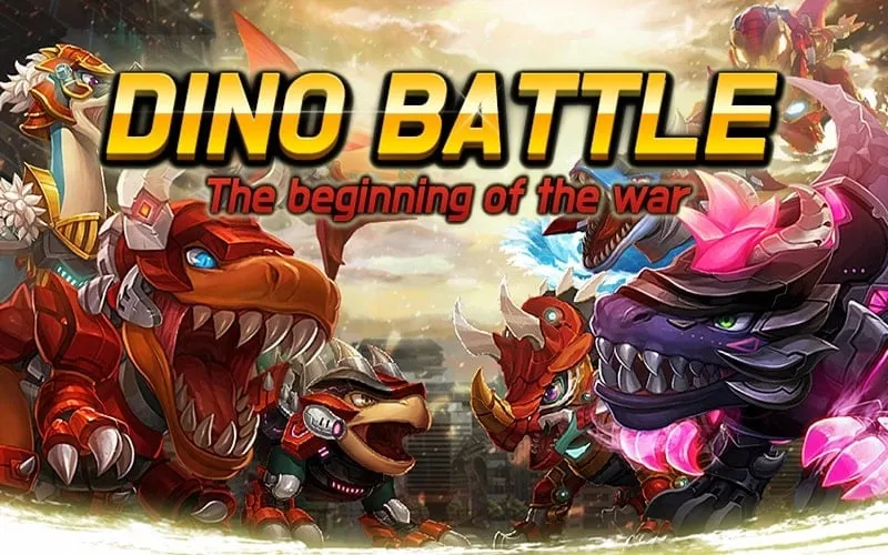 Dino Battle gameplay screenshot showing various dinosaurs in battle.