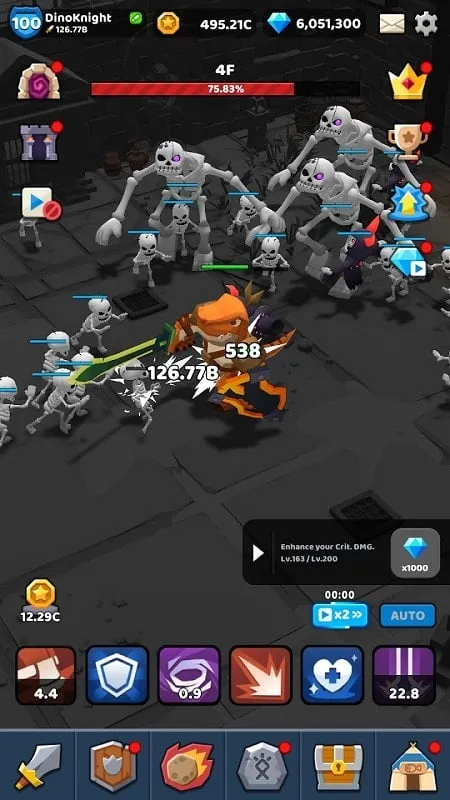 Dino Knight surrounded by enemies, highlighting a challenging battle scenario.